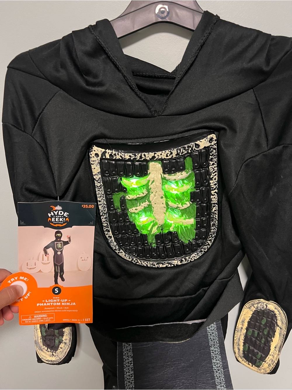 Light-Up Phantom Ninja Kids Costume - Black with Green LEDs